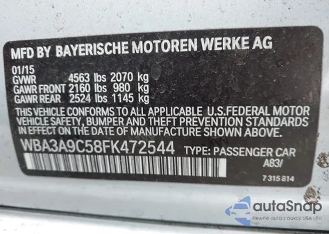 2015 BMW 335I z USA, uszkodzony, nr VIN WBA3A9C58FK472544